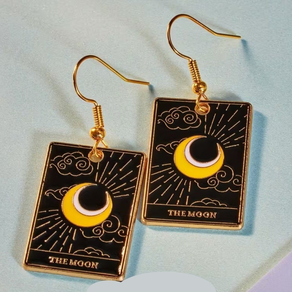 The Moon Tarot Card Earrings Black Gold Enamel Celestial Dangle Drop Jewelry